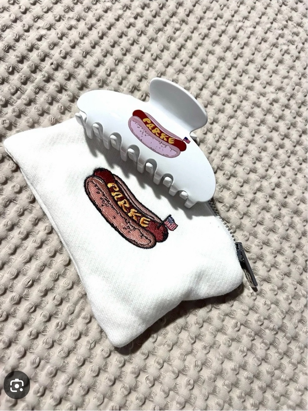 White Hair Claw with Hot Dog Patch Pouch
